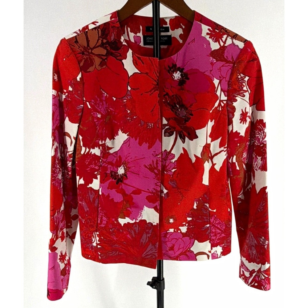Jones New York Petite Jacket 8P Floral Stretch Button Front Red Pink White